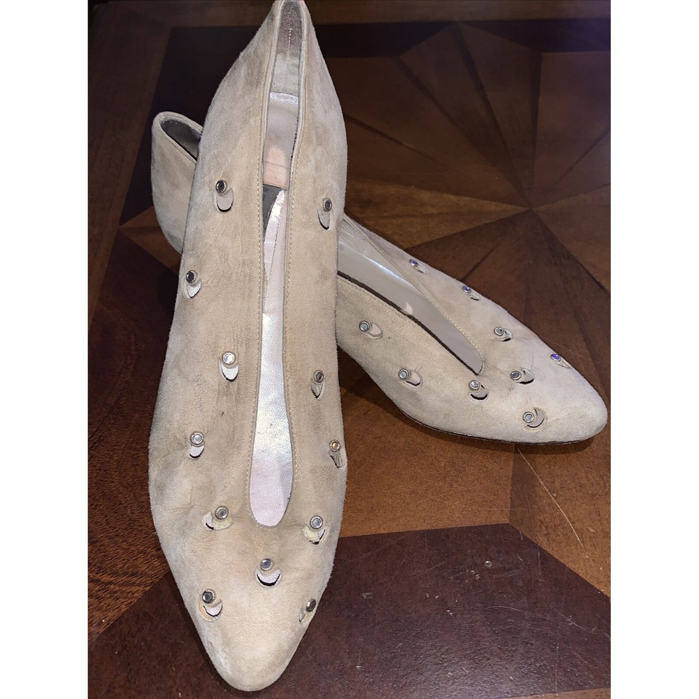 Neiman Marcus Women 6.5 Tan Beige Suede Jeweled Pumps Heels